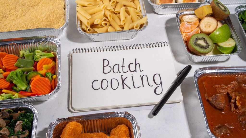 A sign with Batch Cooking and food surrounding it.