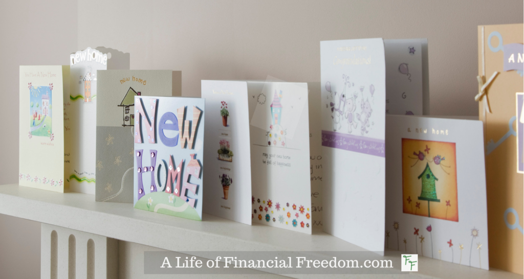 greeting cards on a mantel depicting dollar store finds