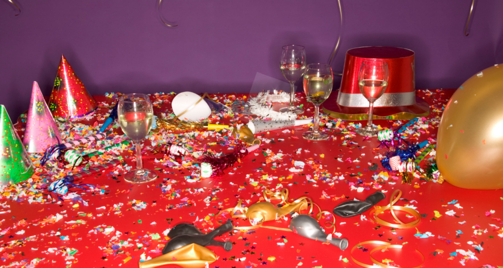 New Years Eve party table with hats, confetti, balloons, and beverage glasses from the Dollar Store.