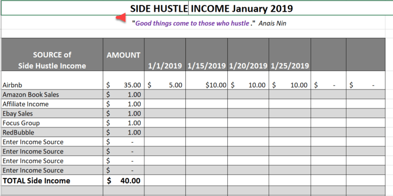 Side Hustle Income Spreadsheet