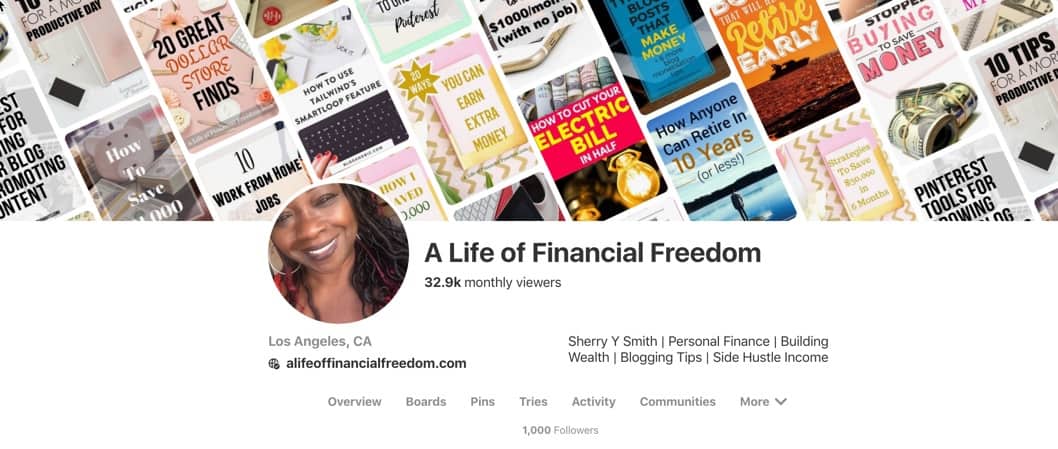 screenshot of Pinterest site: A Life of Financial Freedom by Sherry Y. Smith and stats showing I hit 1,000 Pinterest followers in 30 days