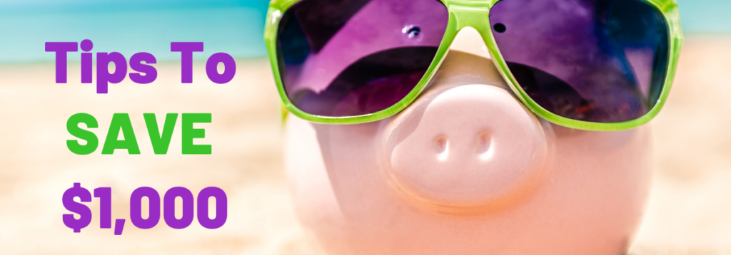 A piggy bank with green glasses. 6 tips for saving your first $1000