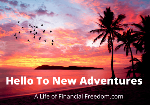 The sun is setting, birds are flying, and their are palm trees in the background. Written words say Hello to New Adventures. Possible now that I quit my job and retired early. - A Life of Financial Freedom.com