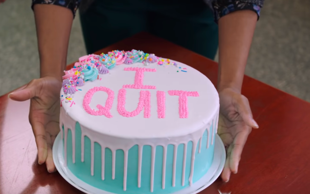 Crest commercial with "I Quit" cake.