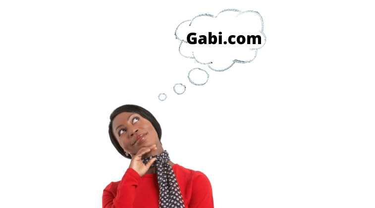 Black woman thinking with a text bubble above her head that reads Gabi.com.
