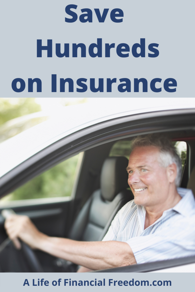 White man behind the wheel of a car with the headline reading 'Save hundreds on insurance'.