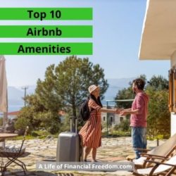 Top 10 Airbnb Amenities. Woman arriving with suitcase greets man with a handshake.