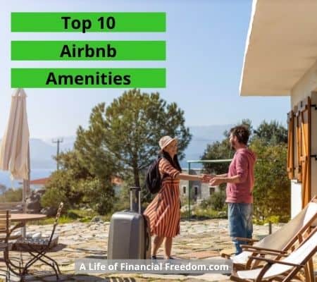 Top 10 Airbnb Amenities. Woman arriving with suitcase greets man with a handshake.