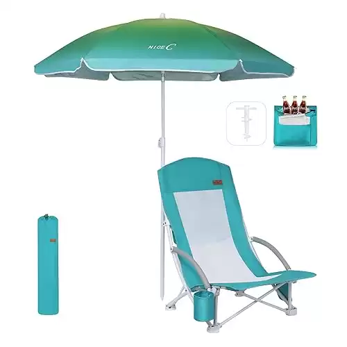 Nice C Beach Chair, Beach Chairs for Adults with Umbrella and Cooler, High Back, Cup Holder & Carry Bag & Heavy Duty Compact Outdoor, Camping (One Blue)