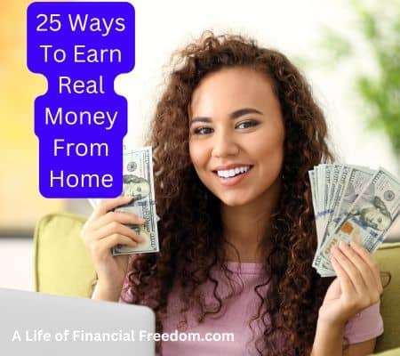 Smiling woman holding cash in both hands. 25 Ways To Earn Real Money From Home