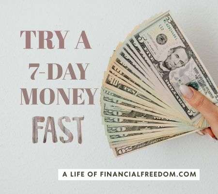 Woman holding a stash of dollar bills with headline 'Try a 7-day money fast'.