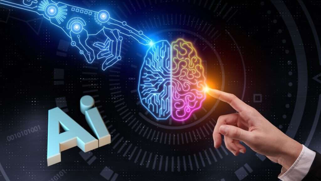How to Build Wealth With Artificial Intelligence. A laser robotic finger is touching man's outreached finger.