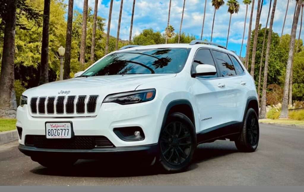 white jeep in the street with palm trees in the background.