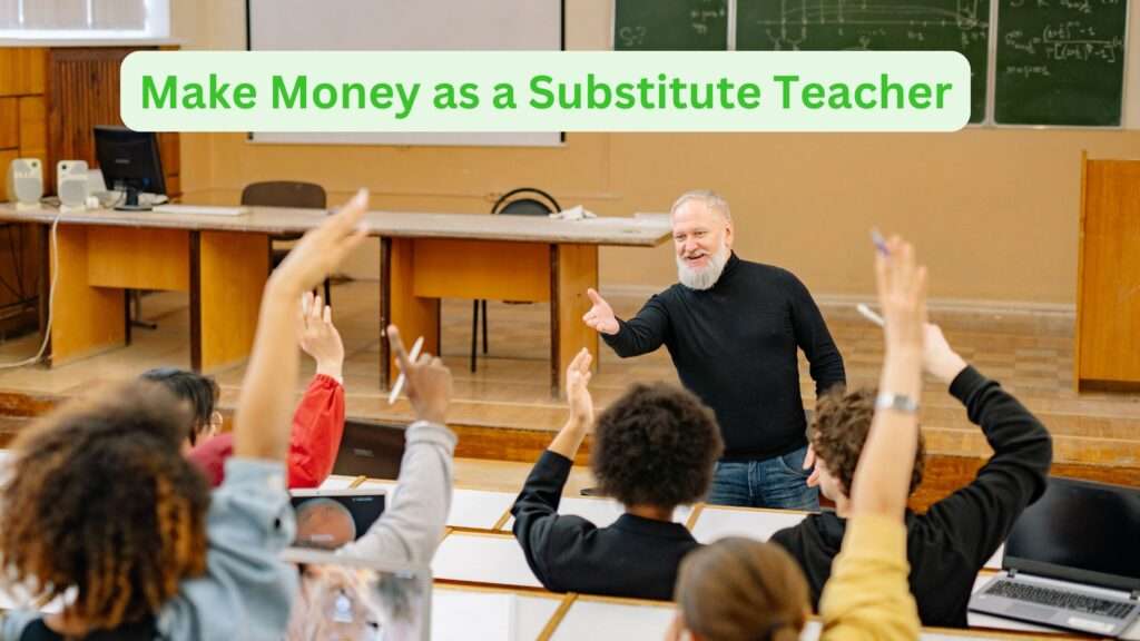 Teacher in front of class with students hands raissed. 