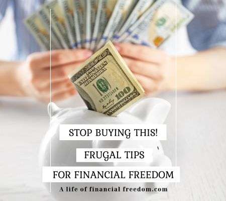 picture of woman holding money bills spread out in her hands. Caption reads 10 frugal living tips. Stop buying this!